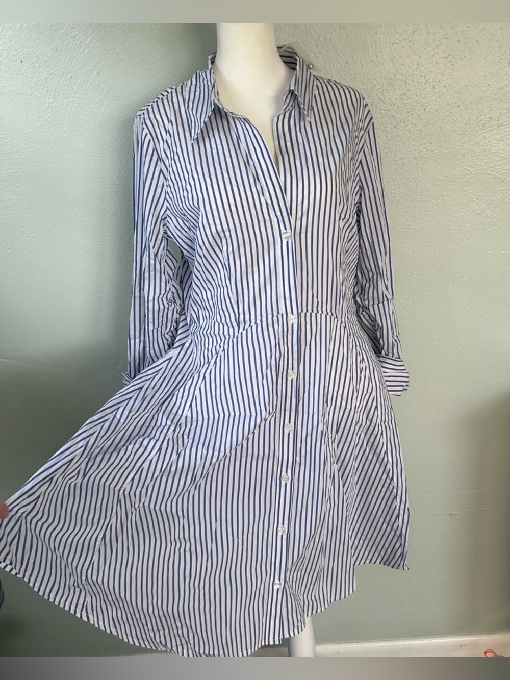 Women’s Striped Blue and White Button-Up Shirt Dress, new